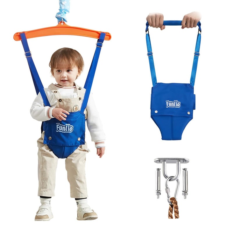 FUNLIO 2 in 1 Baby Jumper with a Ceiling Hook, Baby Walking Harness for 6-24 Months, Baby Jumper for Indoor/Outdoor Play, Infant Jumper Doorway with Adjustable Chain, Easy to Assemble & Store - Blue - Image 1